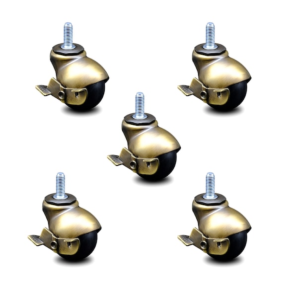 2 Inch Antique Brass Hooded 3/8 Inch Threaded Stem Ball Casters with Brake, 5PK